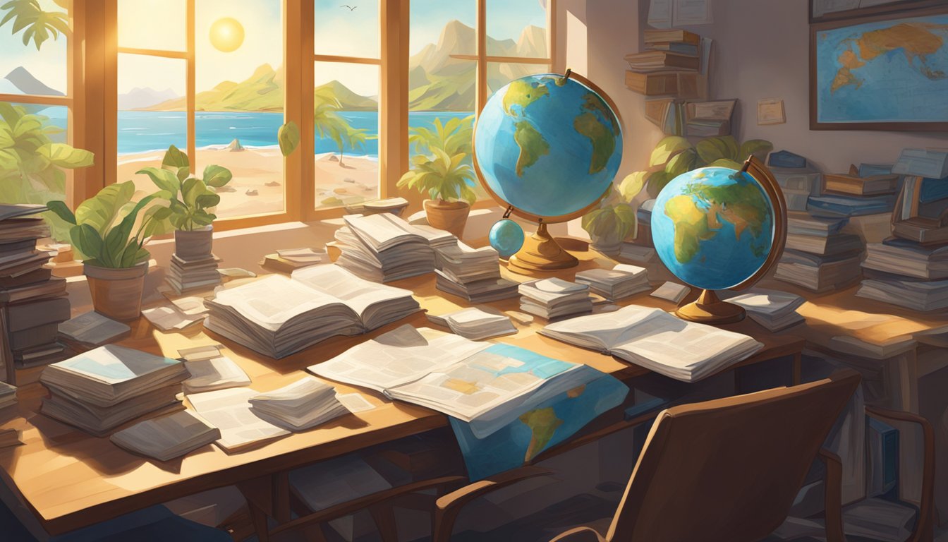 A cluttered desk with scattered papers, open books, and a globe. A poster of the Galapagos Islands hangs on the wall. Sunlight streams through the window, illuminating the space