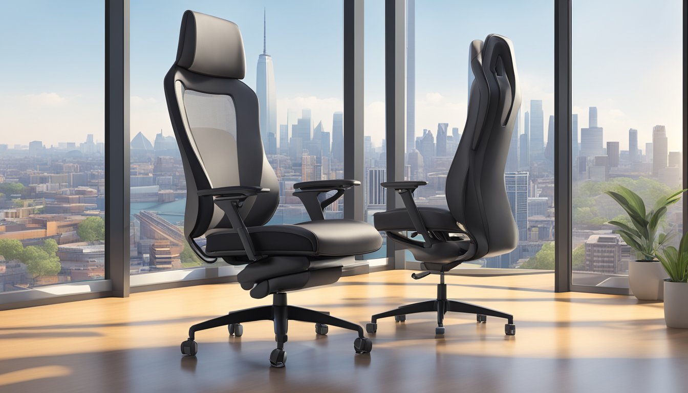 A sleek, modern office chair sits in a well-lit room with a city skyline visible through the window. The chair is ergonomic and stylish, with adjustable features and comfortable padding