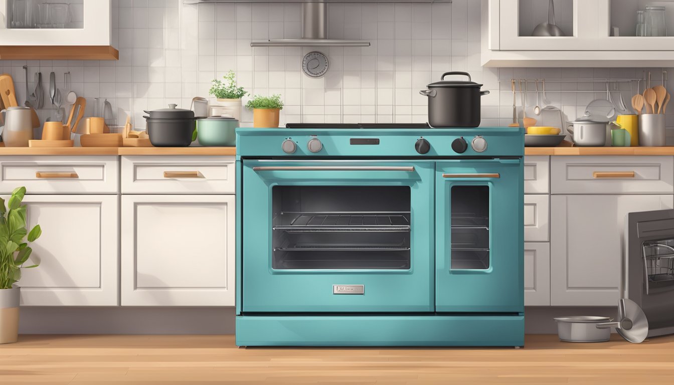 An oven with a lifespan FAQ sign above it, surrounded by kitchen utensils and appliances