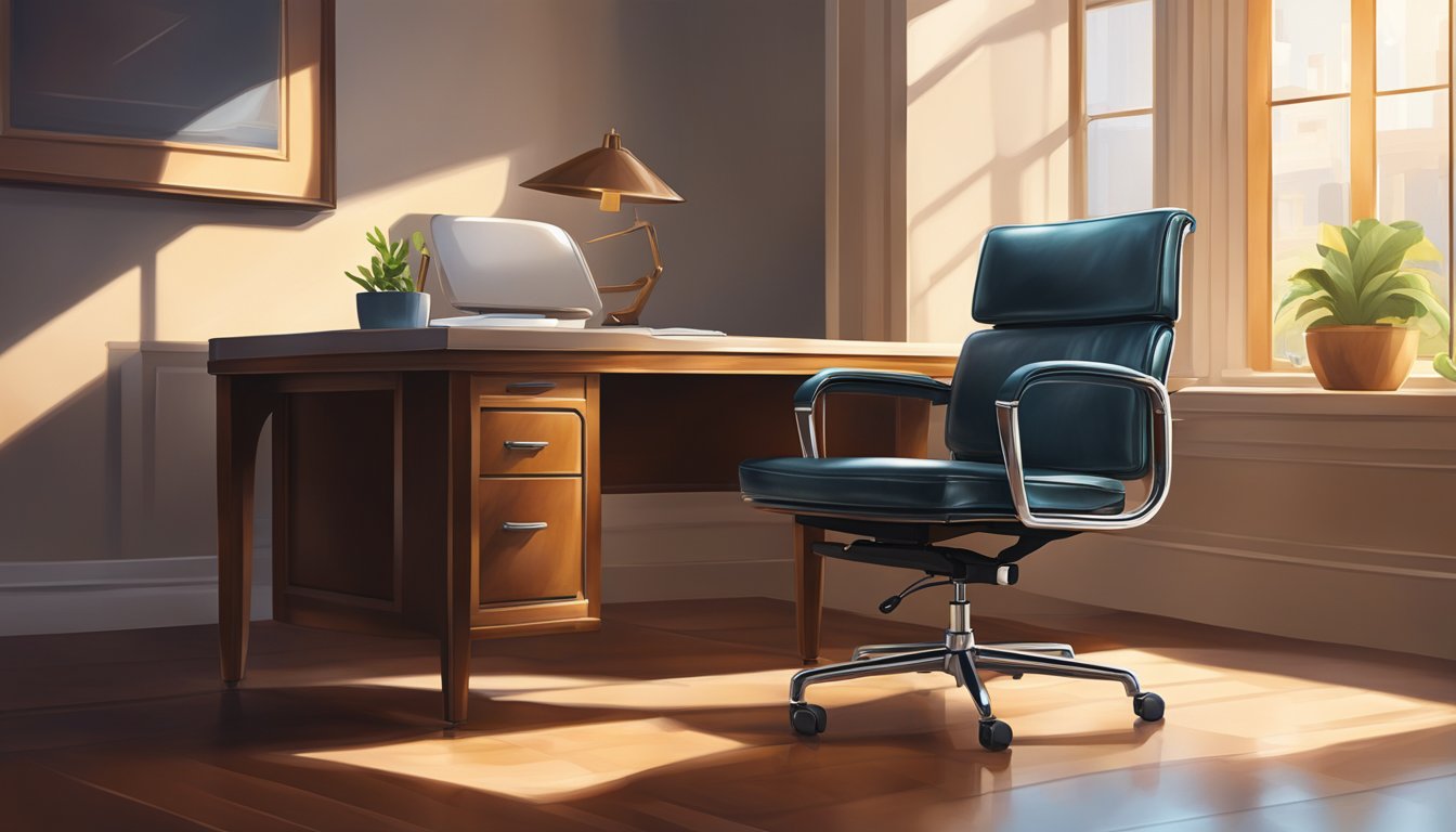 A leather office chair sits behind a polished desk, bathed in warm, natural light from a nearby window