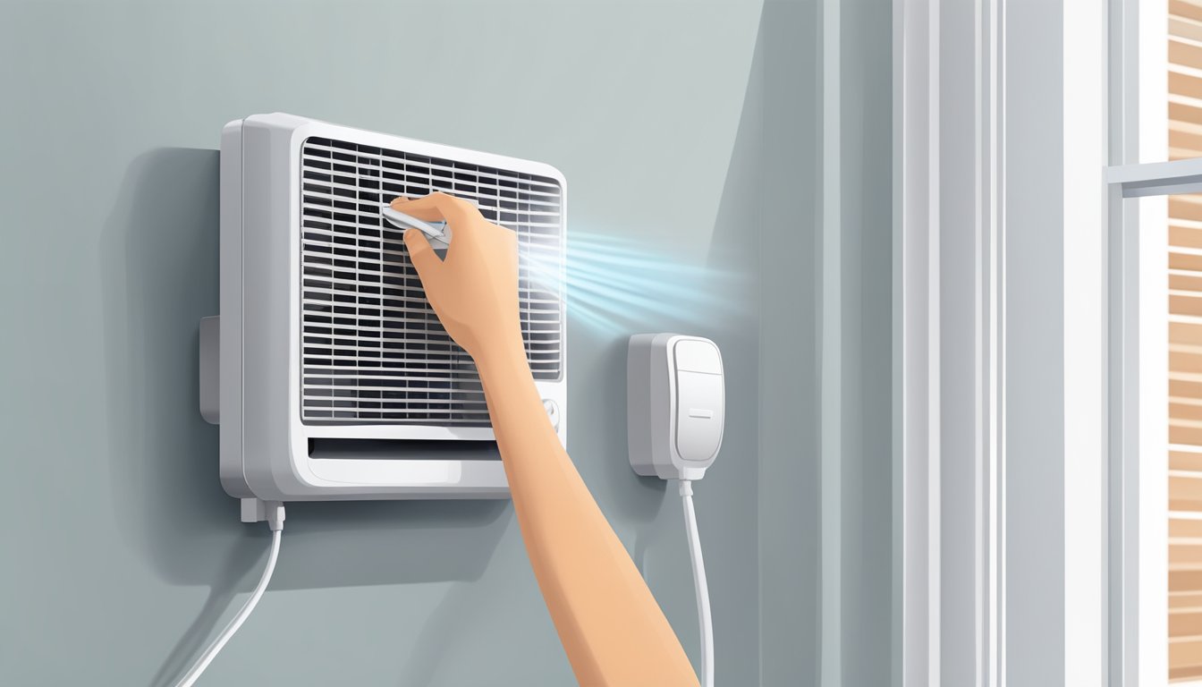 A hand holds a portable aircon tube, connecting it to a window. The aircon unit sits on a flat surface, with a power cord plugged into an outlet