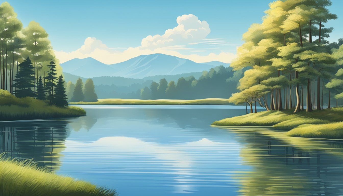 A calm lake with ripples spreading outwards, surrounded by still trees and a clear blue sky