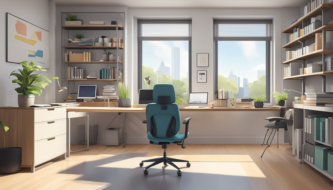 A sleek, ergonomic office chair sits in front of a spacious desk, surrounded by organized shelves and a clutter-free environment. A large window lets in natural light, creating a bright and inviting workspace