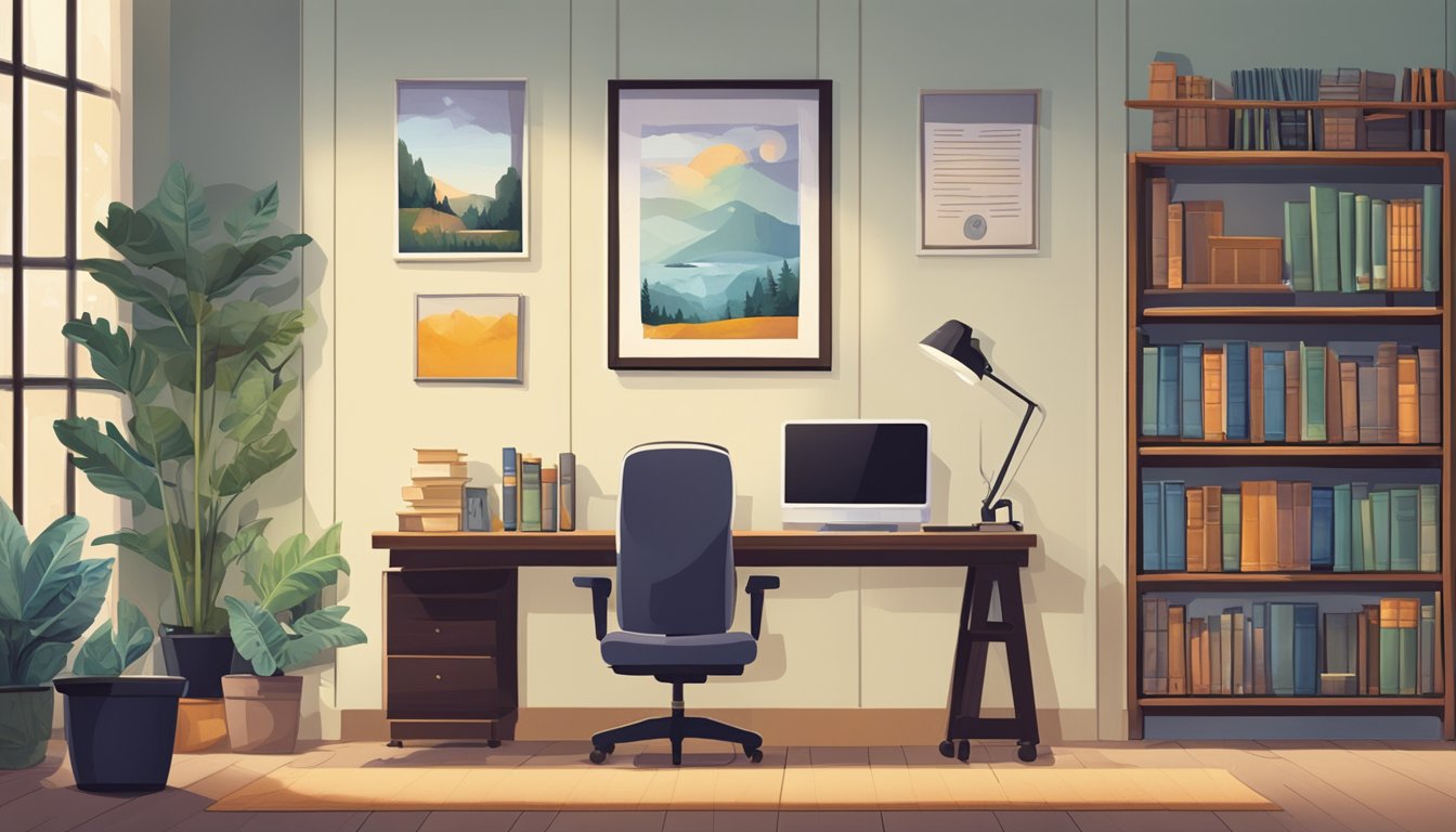 A cozy office with a desk, computer, and bookshelves. A sign reading "Frequently Asked Questions darwin interior review" hangs on the wall