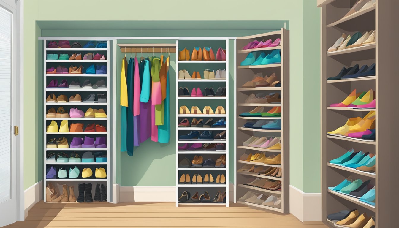 A shoe organizer hangs on a closet door, filled with neatly arranged pairs of shoes in various colors and styles