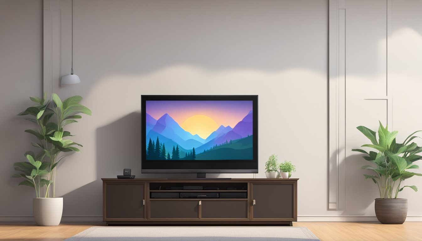 A television console stands against a wall, with a flat-screen TV mounted above it. The console has shelves for electronic devices and storage space for DVDs and other media