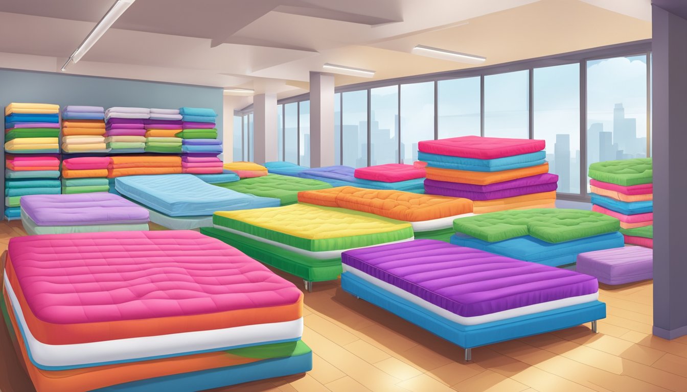 A colorful array of mattresses on sale, with price tags and promotional banners, creating a vibrant and inviting display