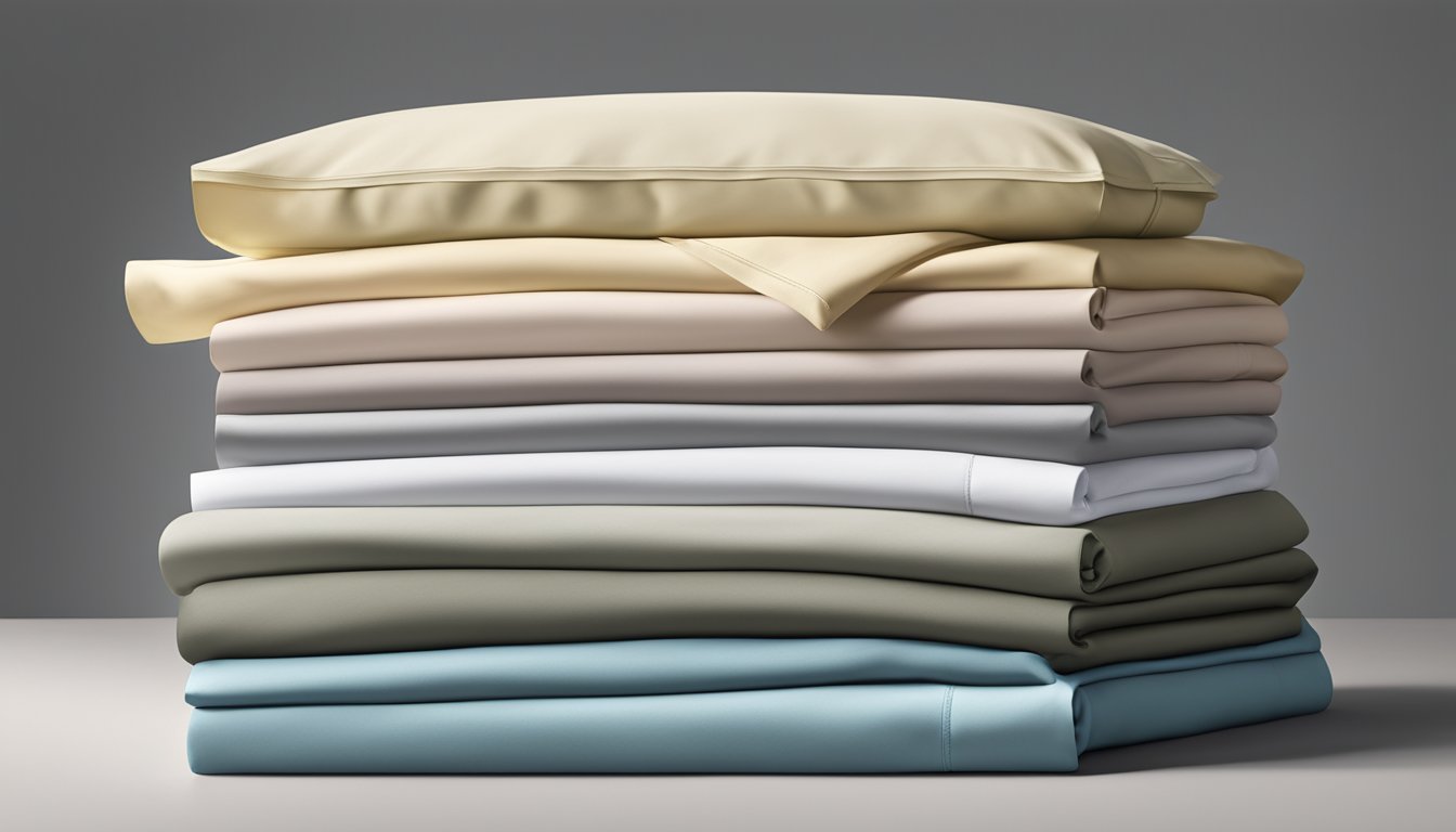 A stack of luxurious high thread count sheets, neatly folded and displayed in a Singaporean bedding store