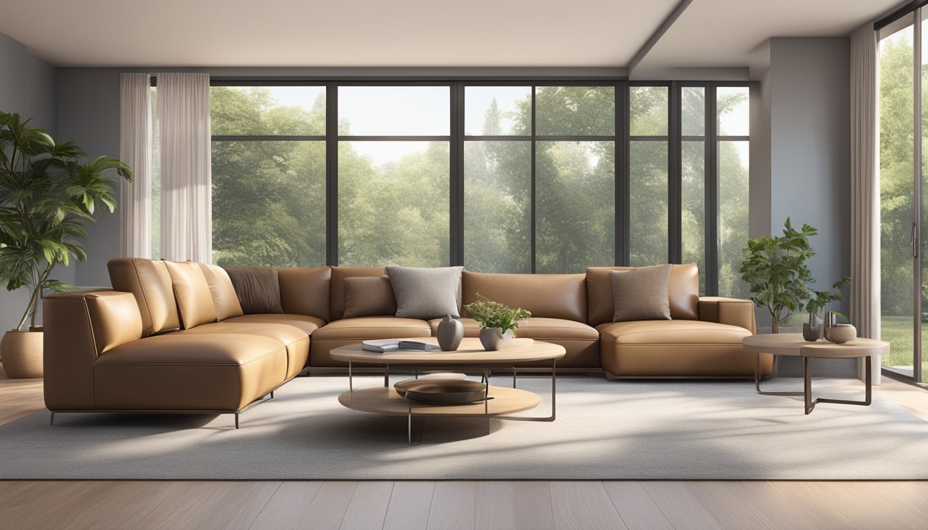 A modern leather sofa set sits in a spacious living room, surrounded by sleek, minimalist decor and bathed in natural light