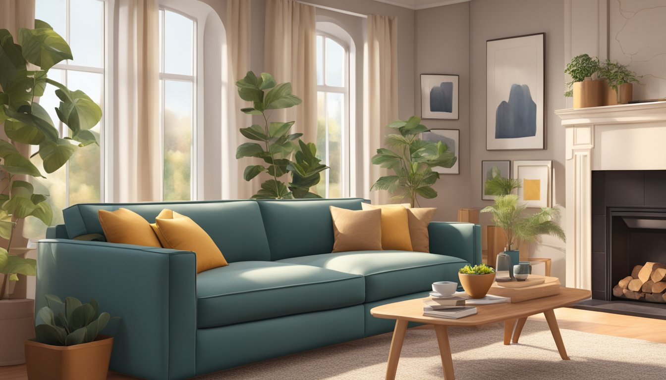 A 2-seater sofa sits in a cozy living room, surrounded by warm, inviting decor. The room is bathed in soft, natural light, creating a comfortable and welcoming atmosphere