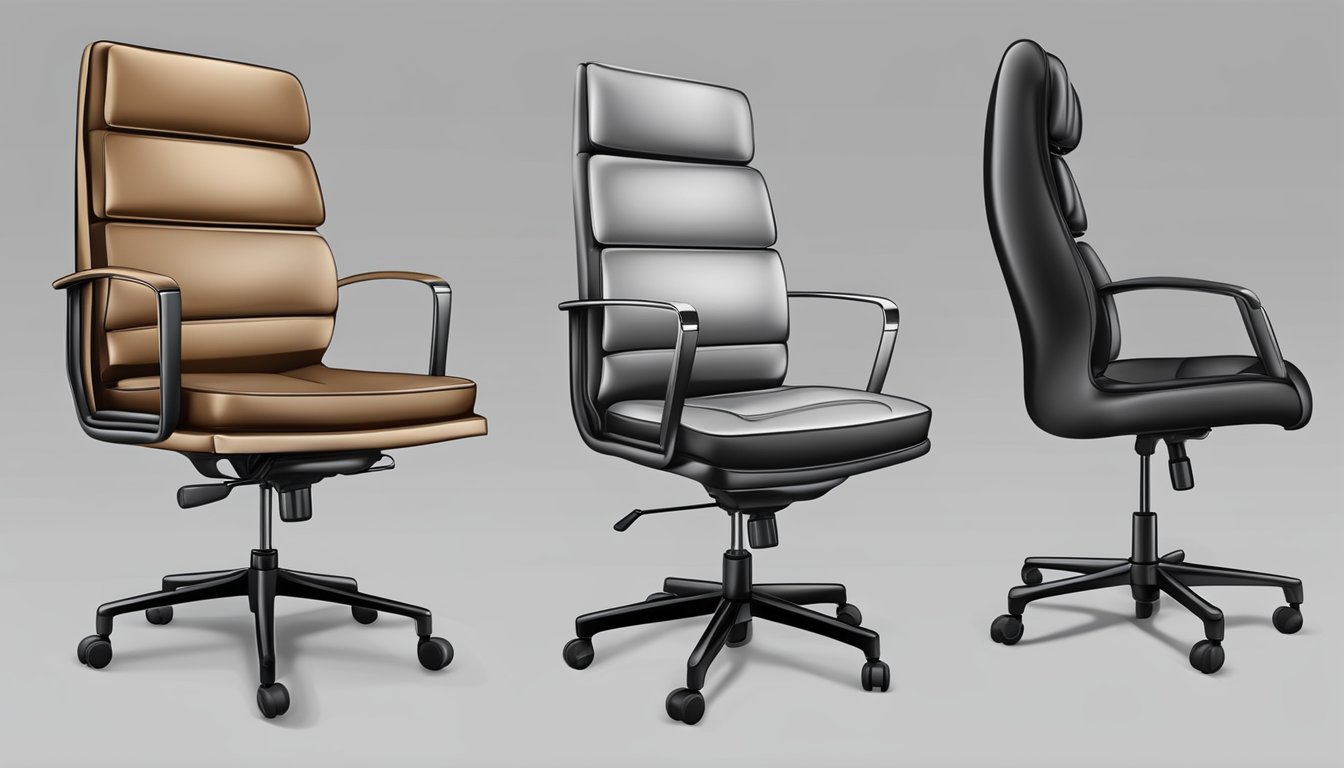 A leather office chair with a high back, padded armrests, and a swivel base on wheels