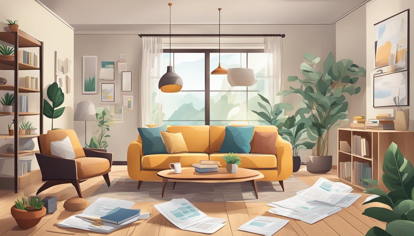 A cozy living room with a sofa and armchair, surrounded by scattered Frequently Asked Questions papers