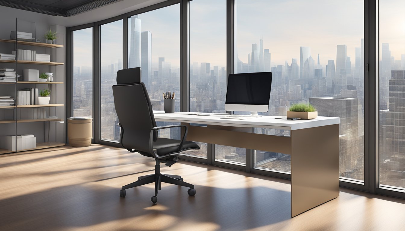 A sleek, modern office chair in a spacious, well-lit workspace with a city skyline visible through the window