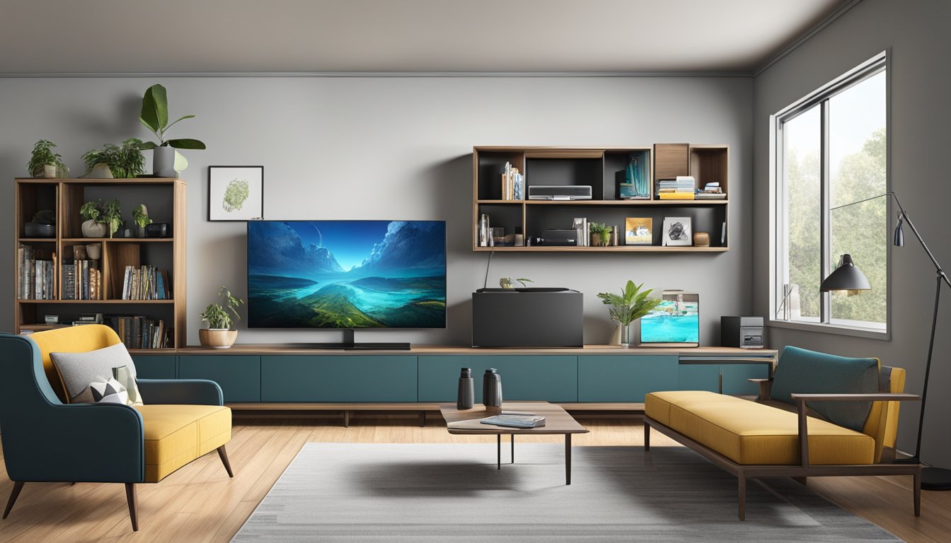 A sleek, modern television console with clean lines and hidden storage compartments. The console features a large flat-screen TV, a soundbar, and various gaming consoles neatly organized on the shelves