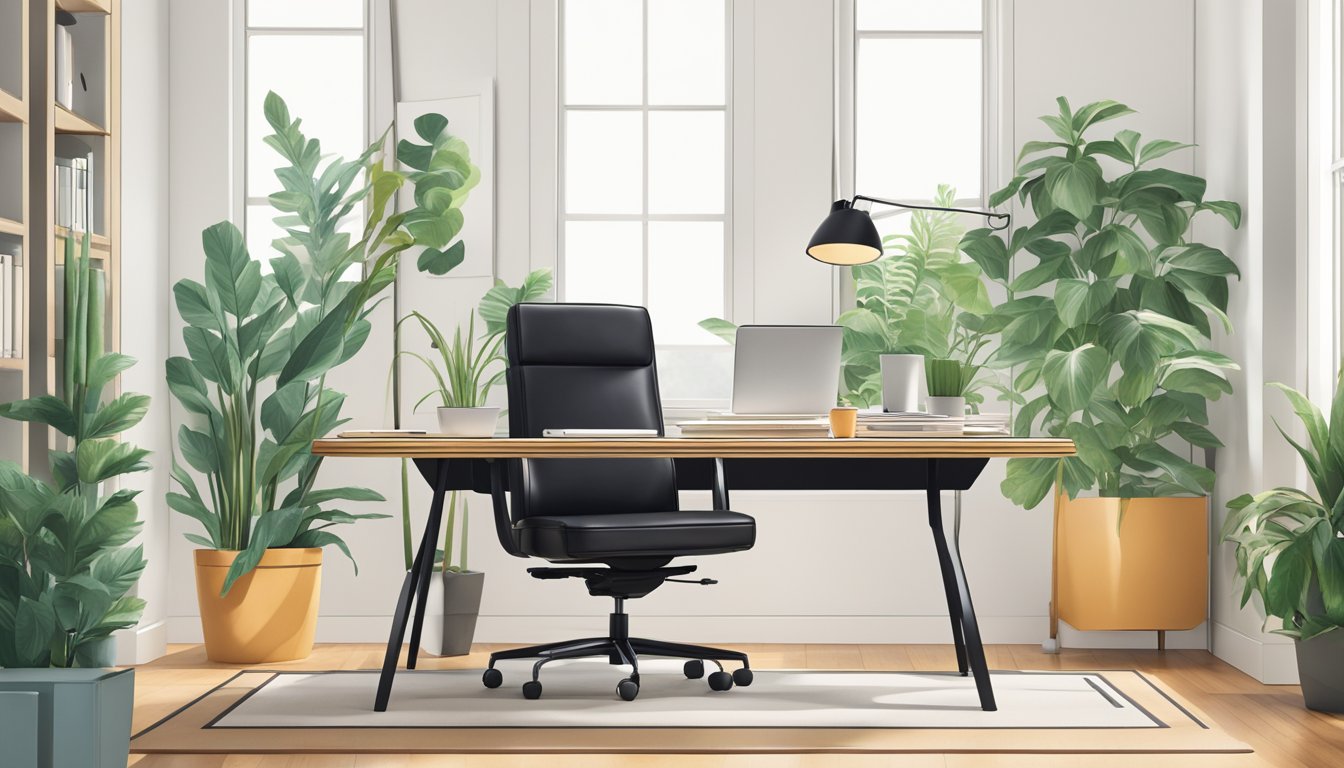 A leather office chair sits in a well-lit, organized workspace, surrounded by plants and ergonomic accessories. The chair's sleek design exudes comfort and professionalism, promoting health and productivity