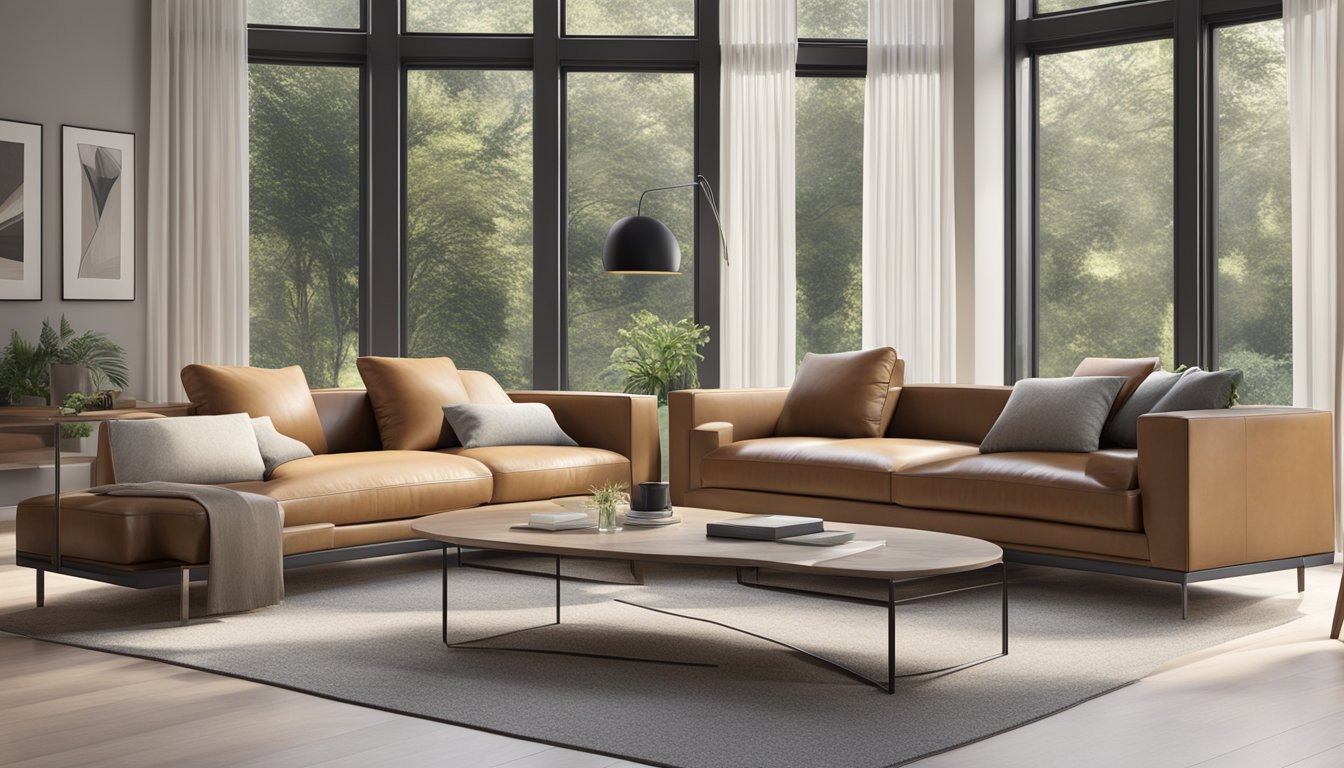 A modern leather sofa set with clean lines and plush cushions sits in a well-lit living room. The room is decorated with minimalist decor and large windows provide natural light