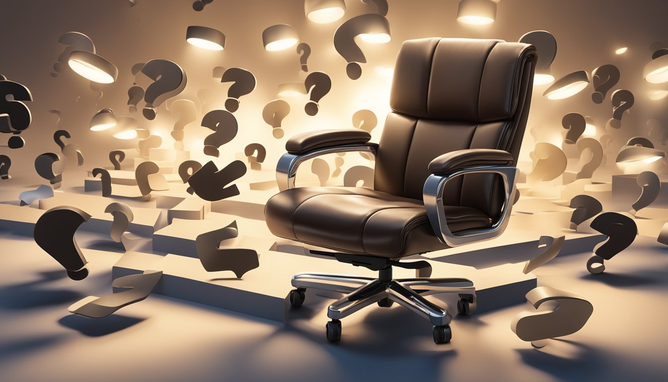 A leather office chair surrounded by floating question marks, with a spotlight shining down on it