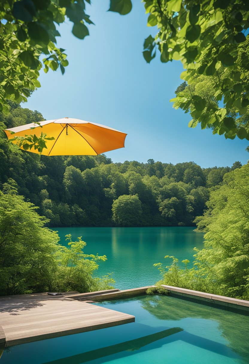 A serene lake surrounded by lush greenery, with a clear blue sky overhead. A diving board and a small beach area with colorful umbrellas can be seen, inviting swimmers to enjoy the peaceful setting
