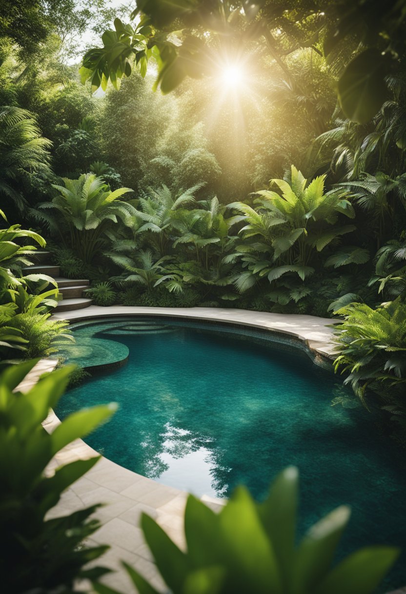 A crystal-clear pool surrounded by lush greenery, with a sparkling spa in the corner. The sun shines down, casting a warm glow over the inviting water