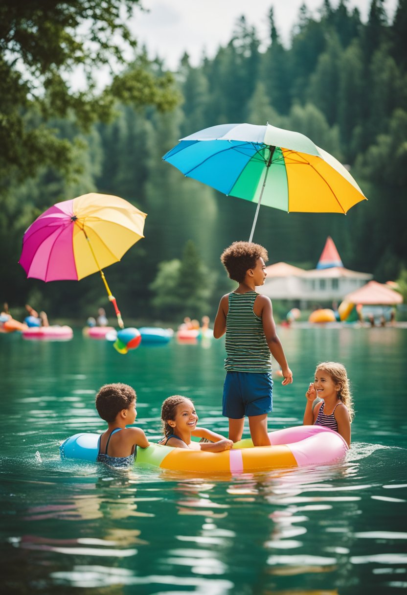 Children splashing in a calm, clear lake surrounded by lush greenery and colorful floaties. A family-friendly atmosphere with picnic tables and umbrellas