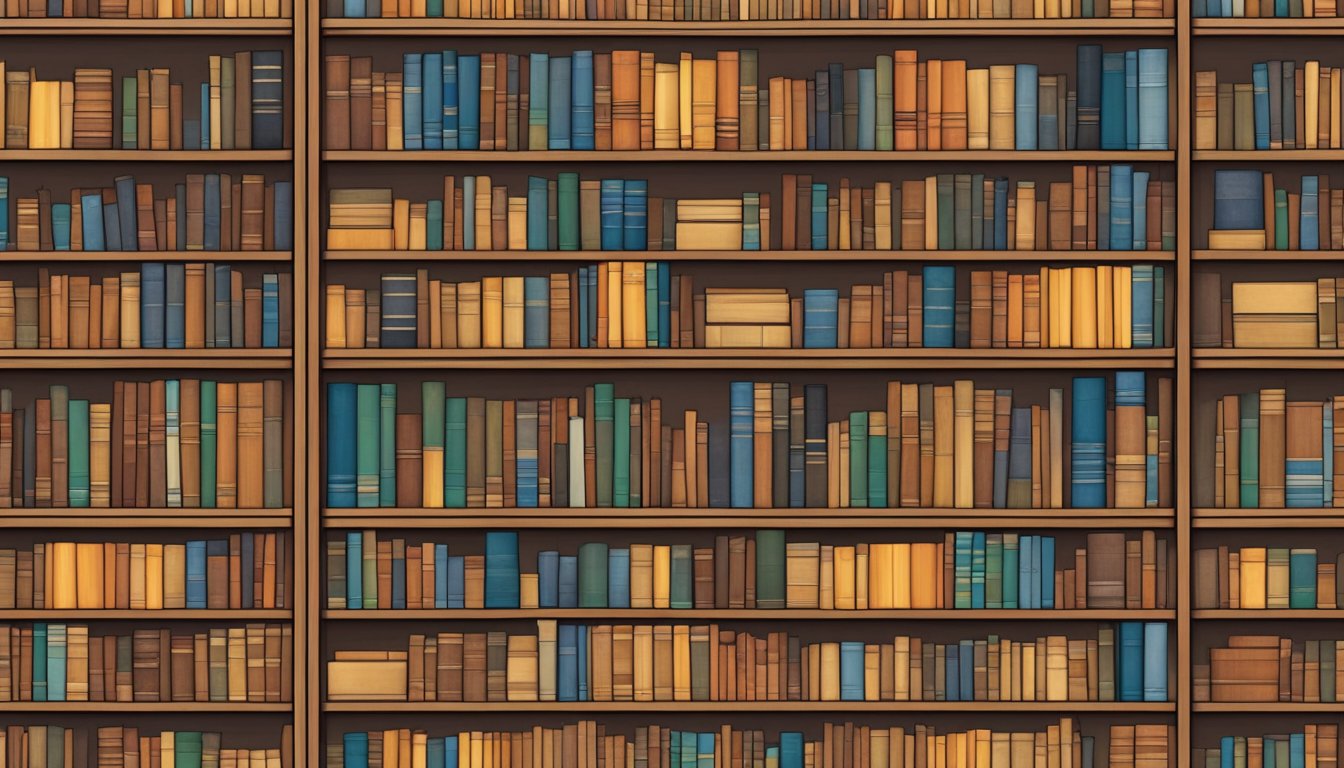 A wooden bookshelf filled with books of various sizes and colors, with some spines facing outwards and others tucked away