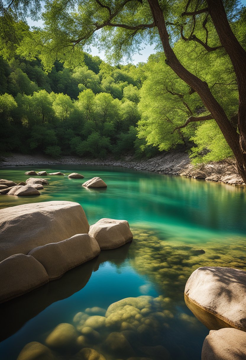 The sun shines on the clear blue waters of the Brazos River, surrounded by lush greenery and rocky cliffs, creating a perfect spot for swimming in Waco