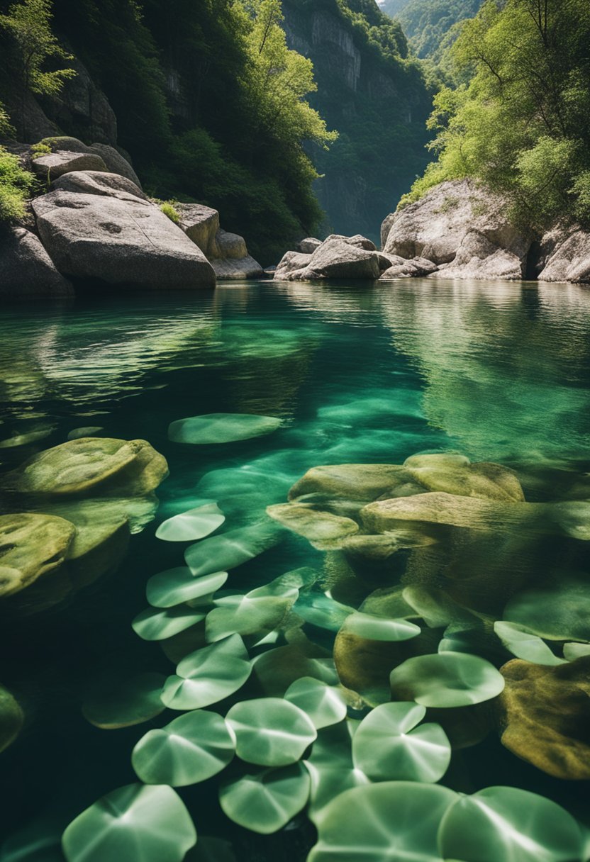 Crystal clear water reflects sunlight, surrounded by lush greenery and rocky cliffs. A serene and peaceful atmosphere, perfect for swimming and relaxation