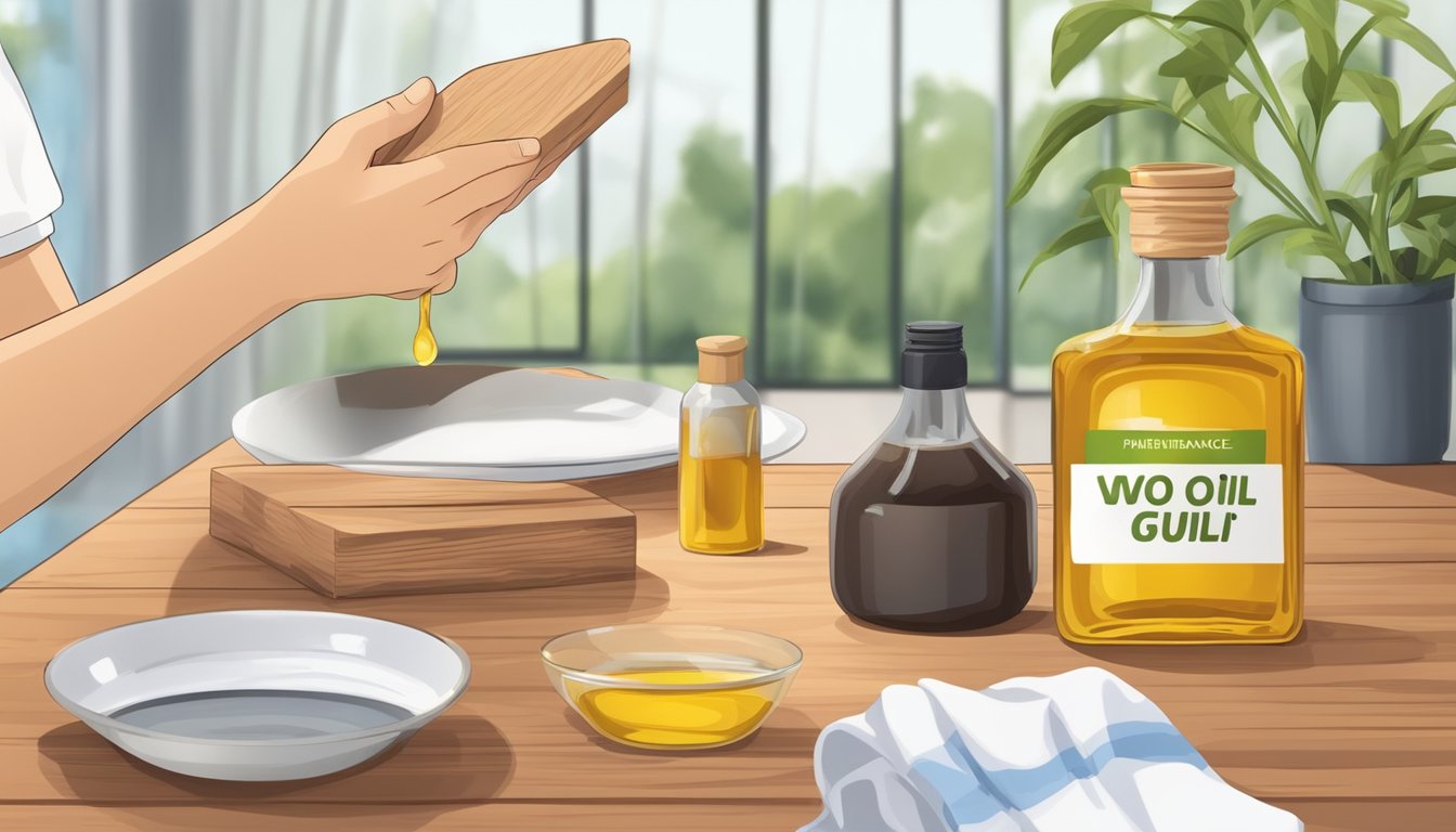 A hand reaches for a bottle of wood oil, a cloth nearby for application. A maintenance guide lays open on the table next to a rubberwood dining set