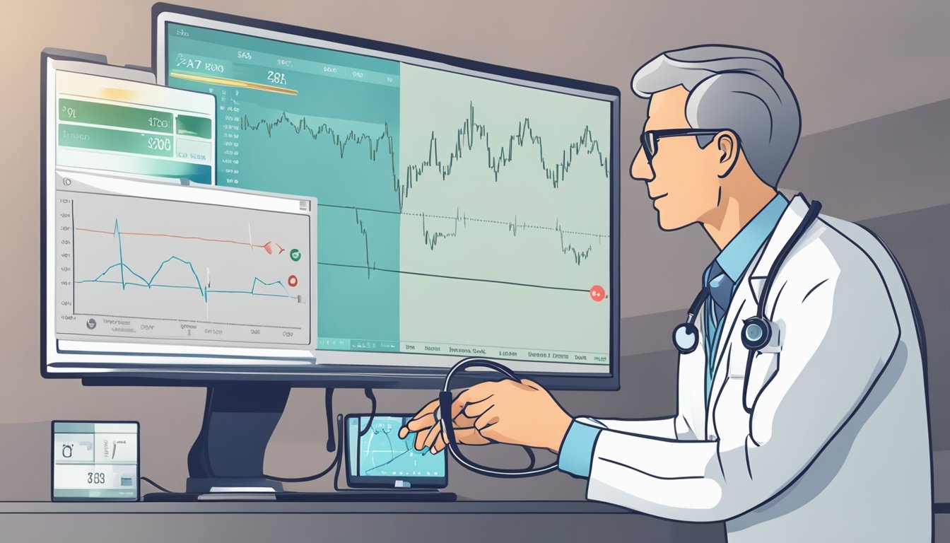 A heart rate monitor showing a low heart rate with a doctor holding a stethoscope, indicating diagnosis and treatment for the condition