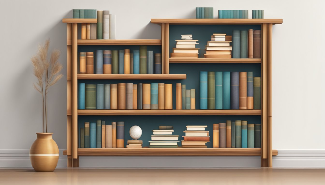 A wooden bookshelf stands against a white wall, with neatly arranged books and decorative items. The shelves are sturdy and well-crafted, with a polished finish