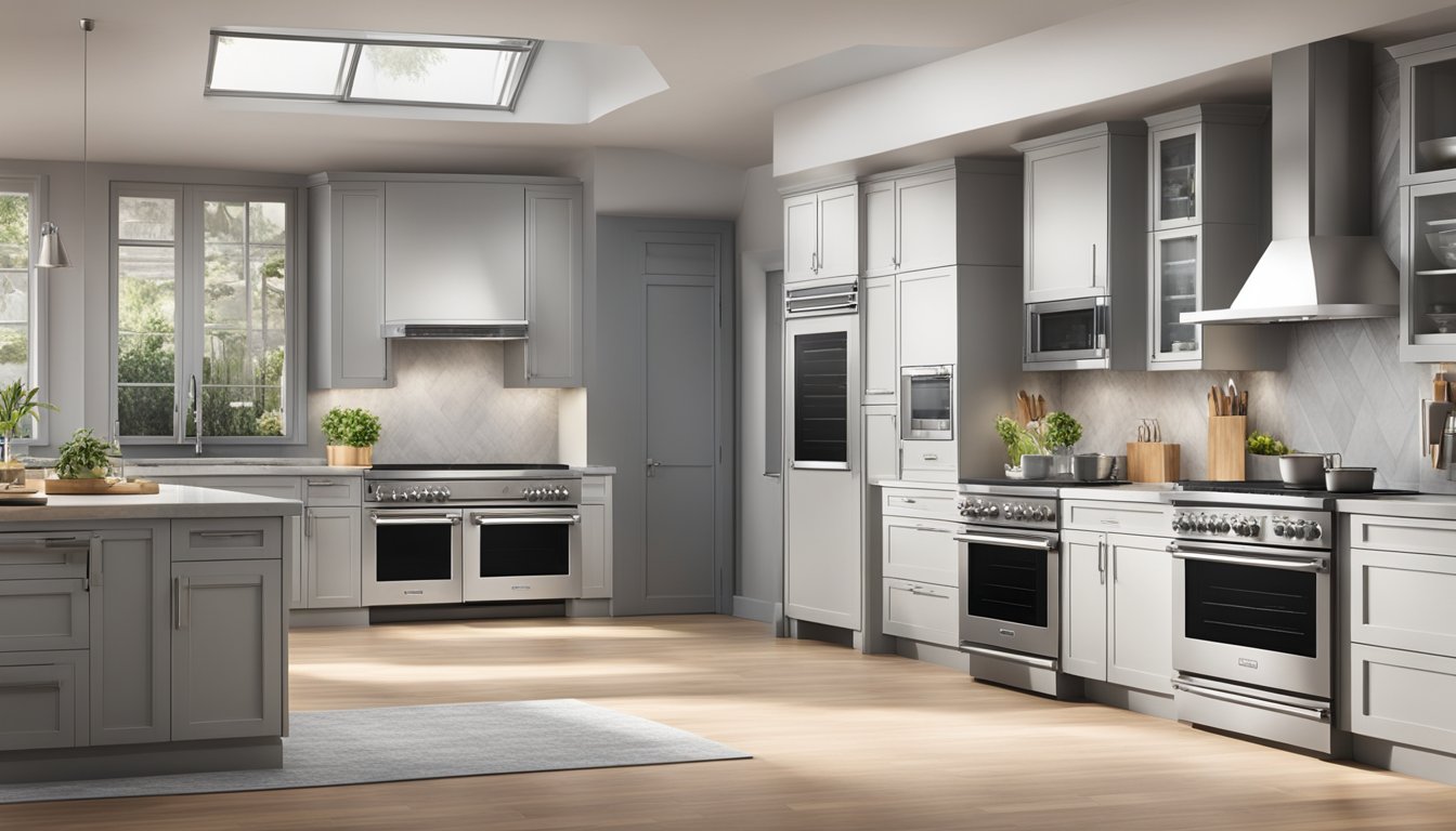A kitchen with several top oven brands on display, each with sleek designs and advanced features. Bright lighting highlights the ovens, showcasing their modern and stylish appearance