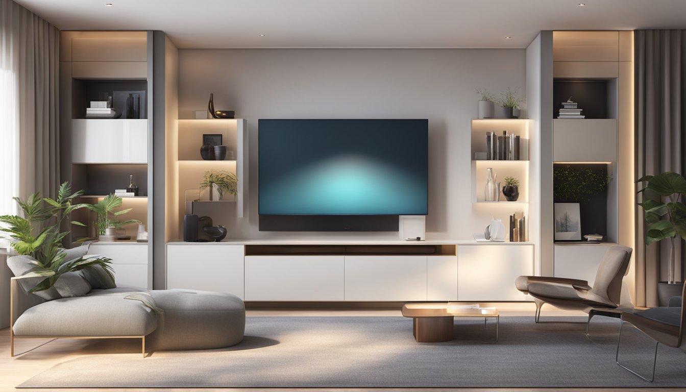 A sleek television console with built-in shelves and a glossy finish sits in a spacious living room, surrounded by modern furniture and soft lighting