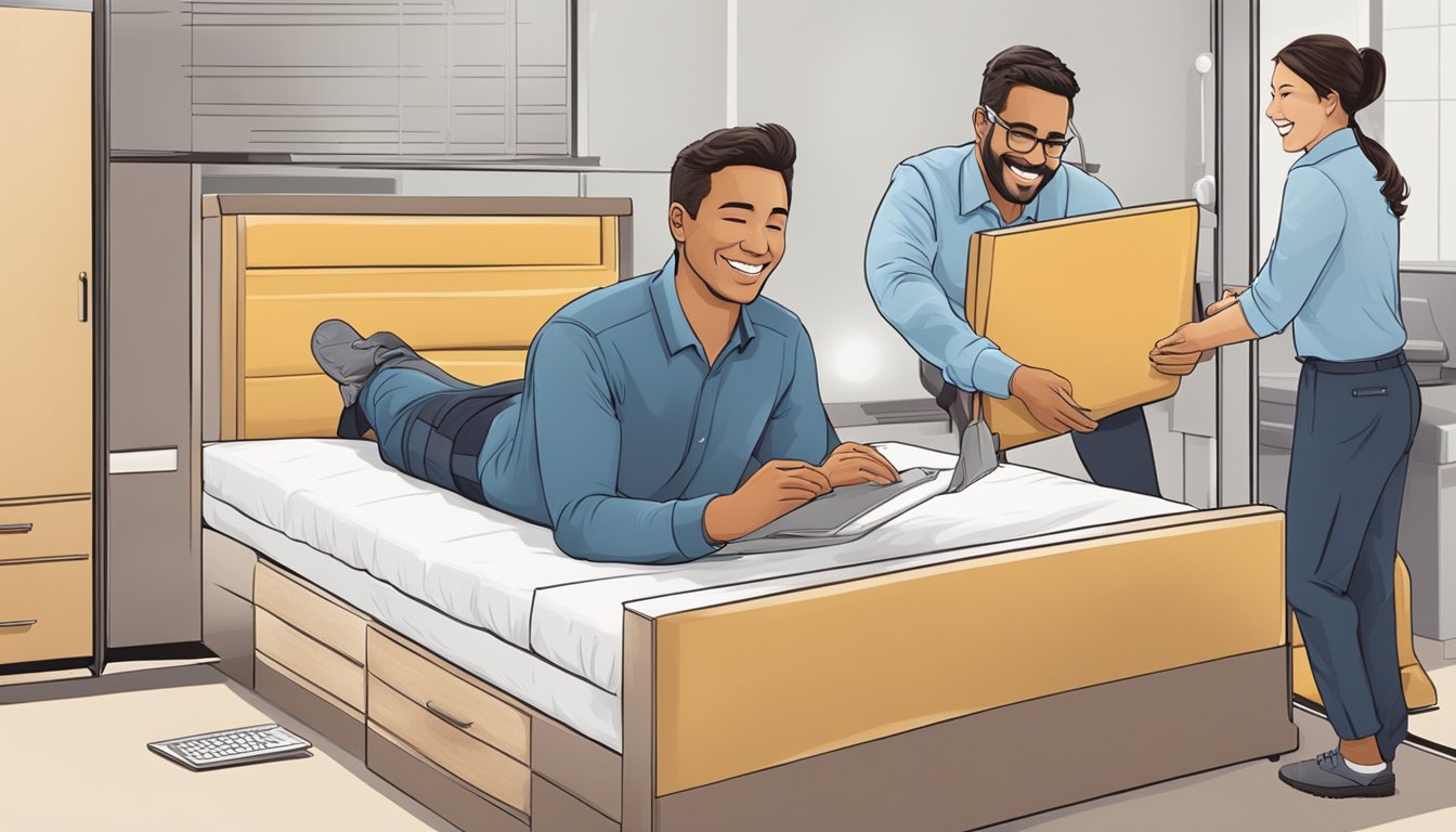 A customer service representative assists a client with a smile, while a technician works on a bed, symbolizing after-sale support and services