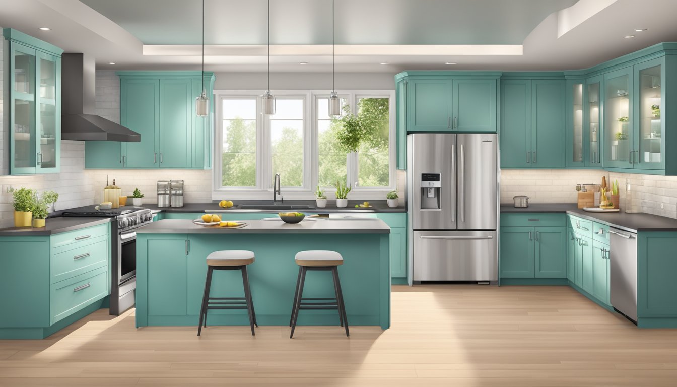 A modern kitchen with new cabinets, sleek countertops, and updated appliances. Bright lighting and a fresh color scheme give the space a clean and inviting feel