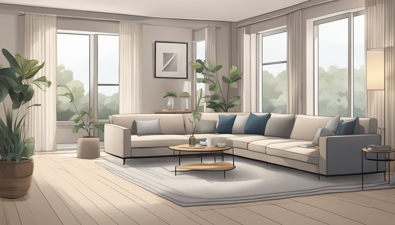 A cozy living room with a sleek, modern sofa bed in the center. Soft, neutral tones and clean lines create a welcoming atmosphere