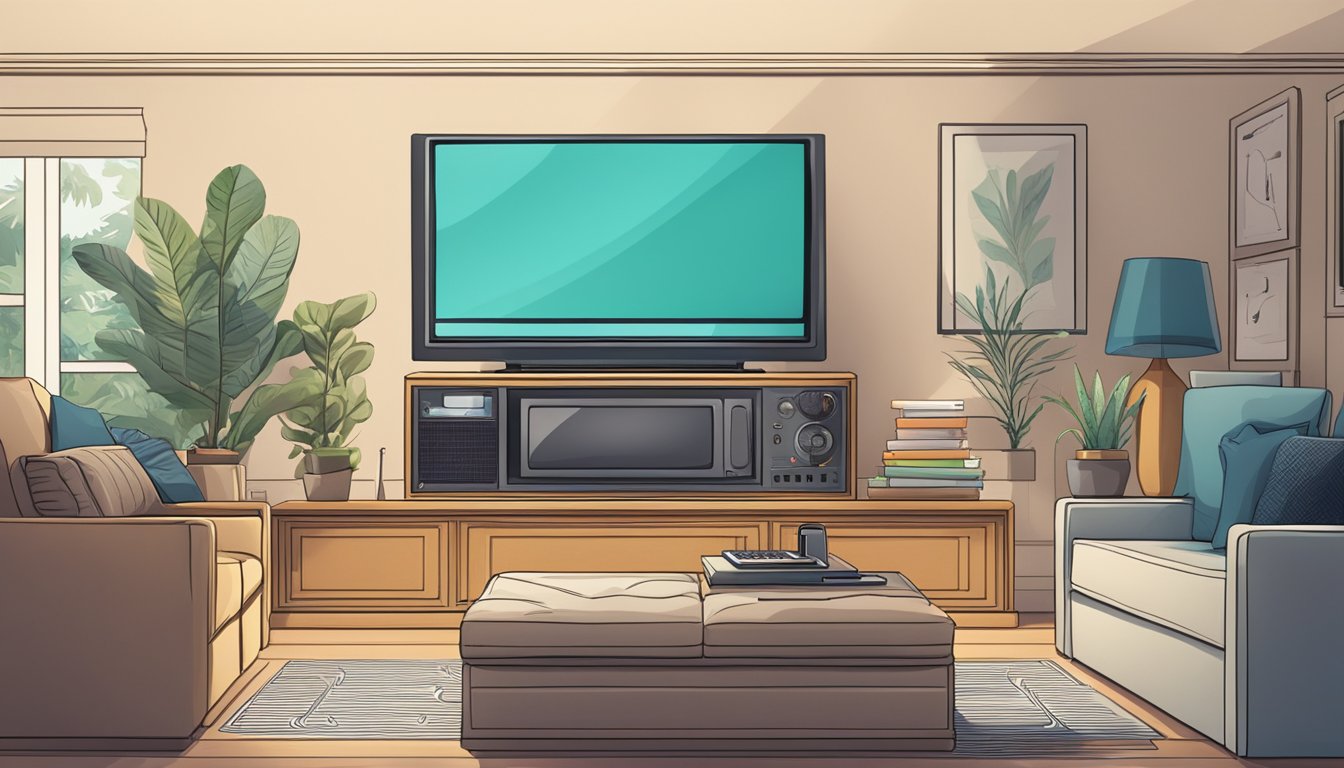 A television console with a "Frequently Asked Questions" section displayed on the screen. Surrounding the console are various electronic devices and a comfortable seating area