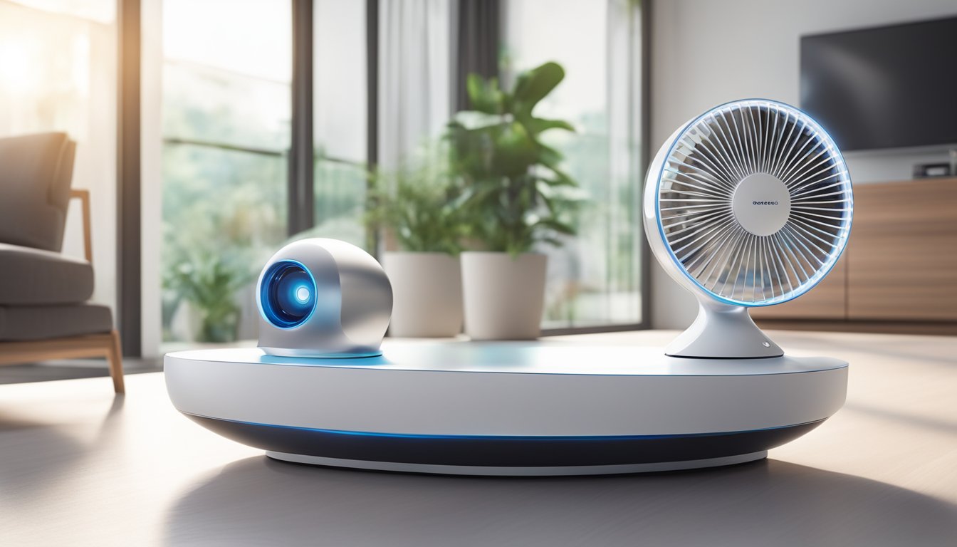 A sleek bladeless fan sits on a modern Singaporean living room table, gently circulating the air with its smooth, futuristic design