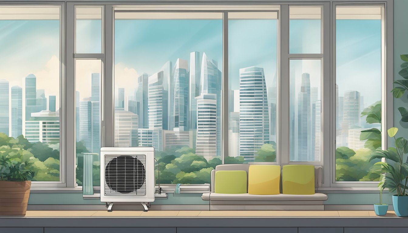 A window air conditioner unit installed in a Singaporean apartment, with city skyline visible through the glass