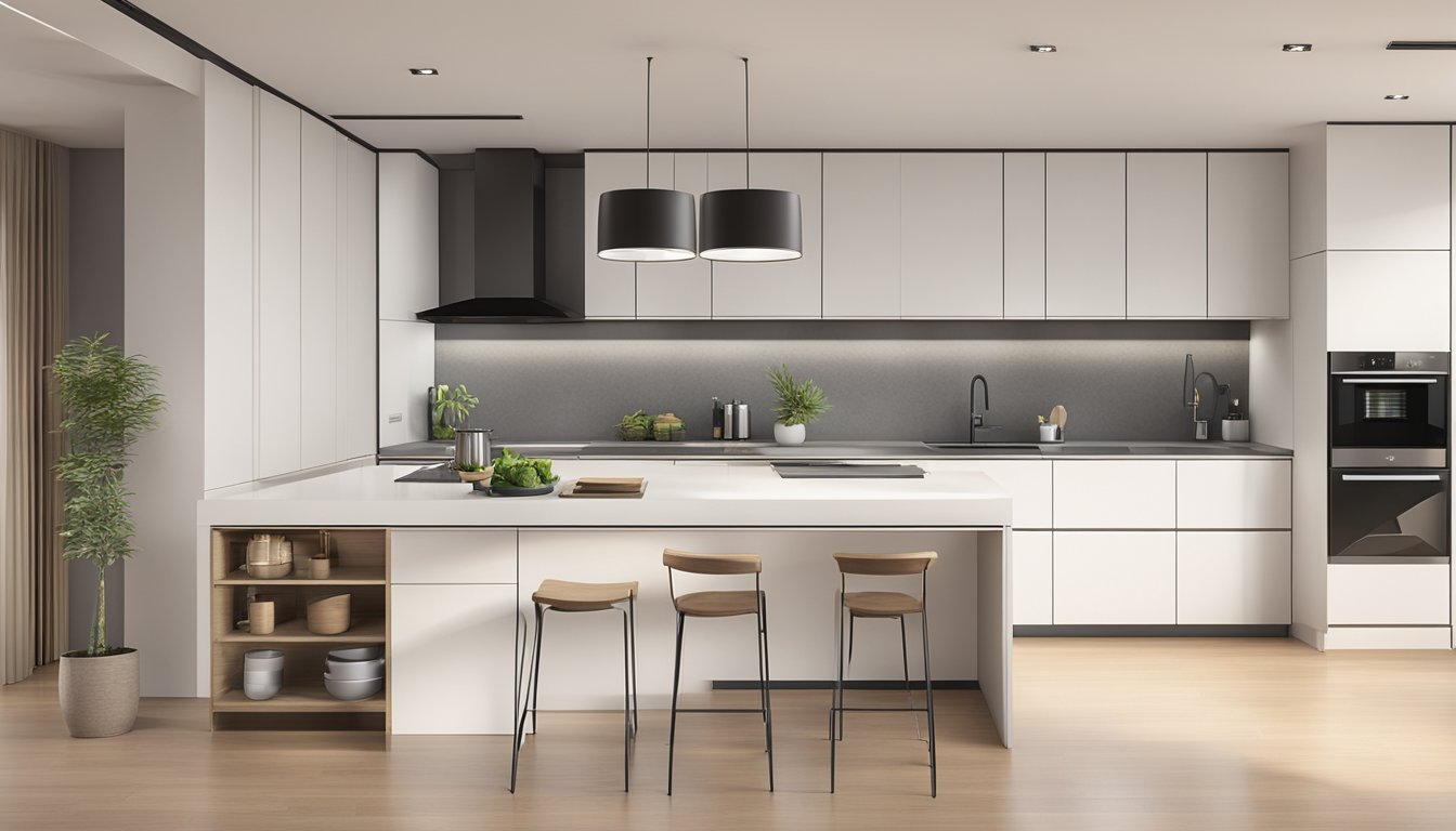 A spacious HDB kitchen with modern appliances, sleek countertops, and ample storage. Bright natural light fills the room, highlighting the clean and contemporary design