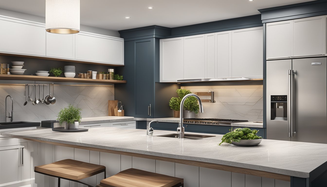 A kitchen with a variety of high-quality oven brands displayed on a sleek, modern countertop. Bright lighting highlights the features and benefits of each brand