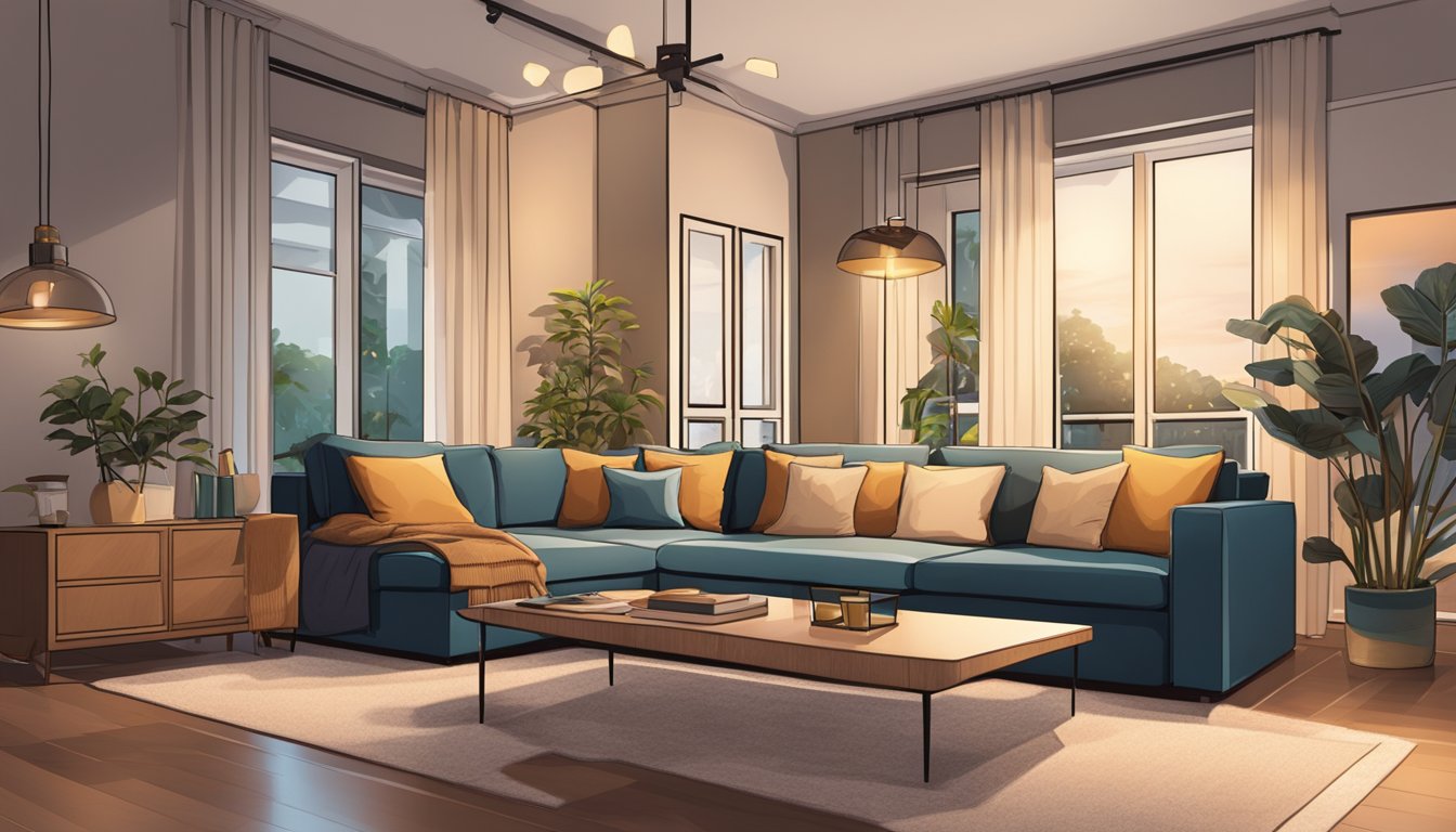 A cozy living room with a stylish and affordable sofa bed, surrounded by modern furniture and warm lighting in a Singaporean home
