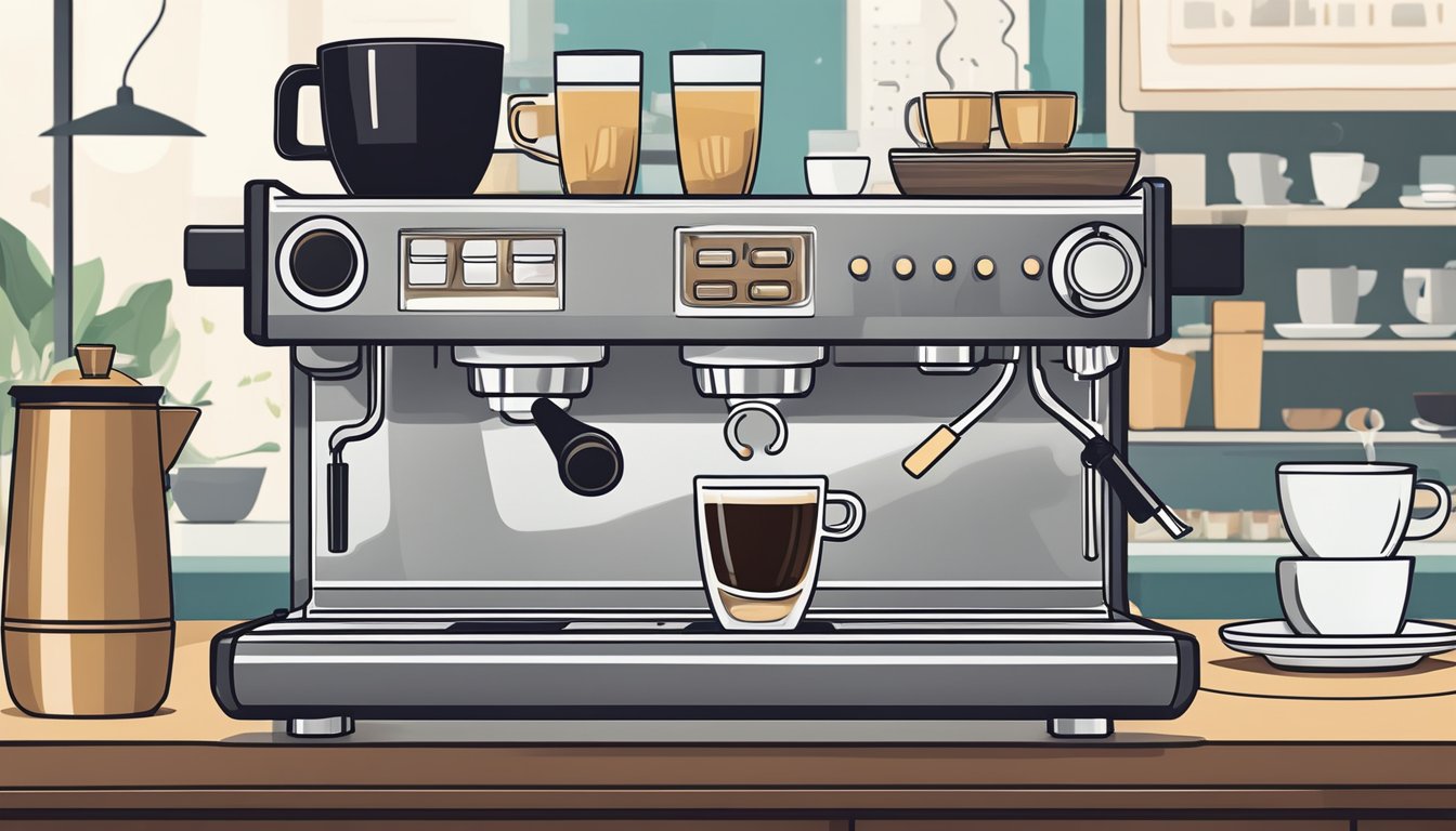 An espresso machine sits on a sleek countertop in a modern Singapore cafe, steam rising from its spout as it brews a rich, aromatic shot of espresso