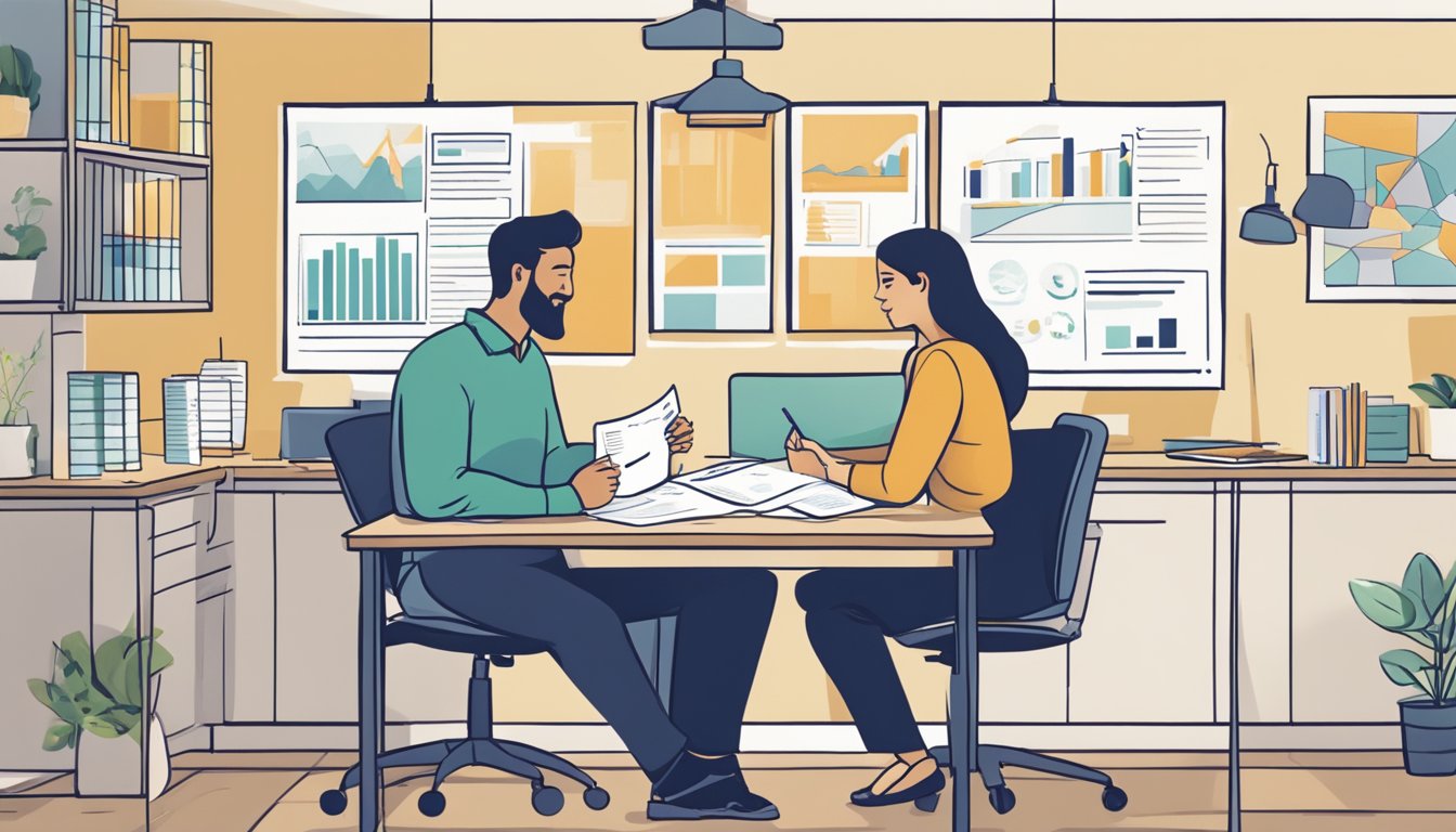 A couple sits at a table, reviewing financial documents and discussing the 2 room flexi scheme. Charts and graphs are spread out in front of them, as they consider their options