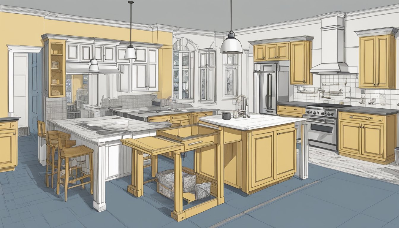 A kitchen being renovated with tools, materials, and a blueprint on the table. Cabinets are being installed, and workers are painting the walls