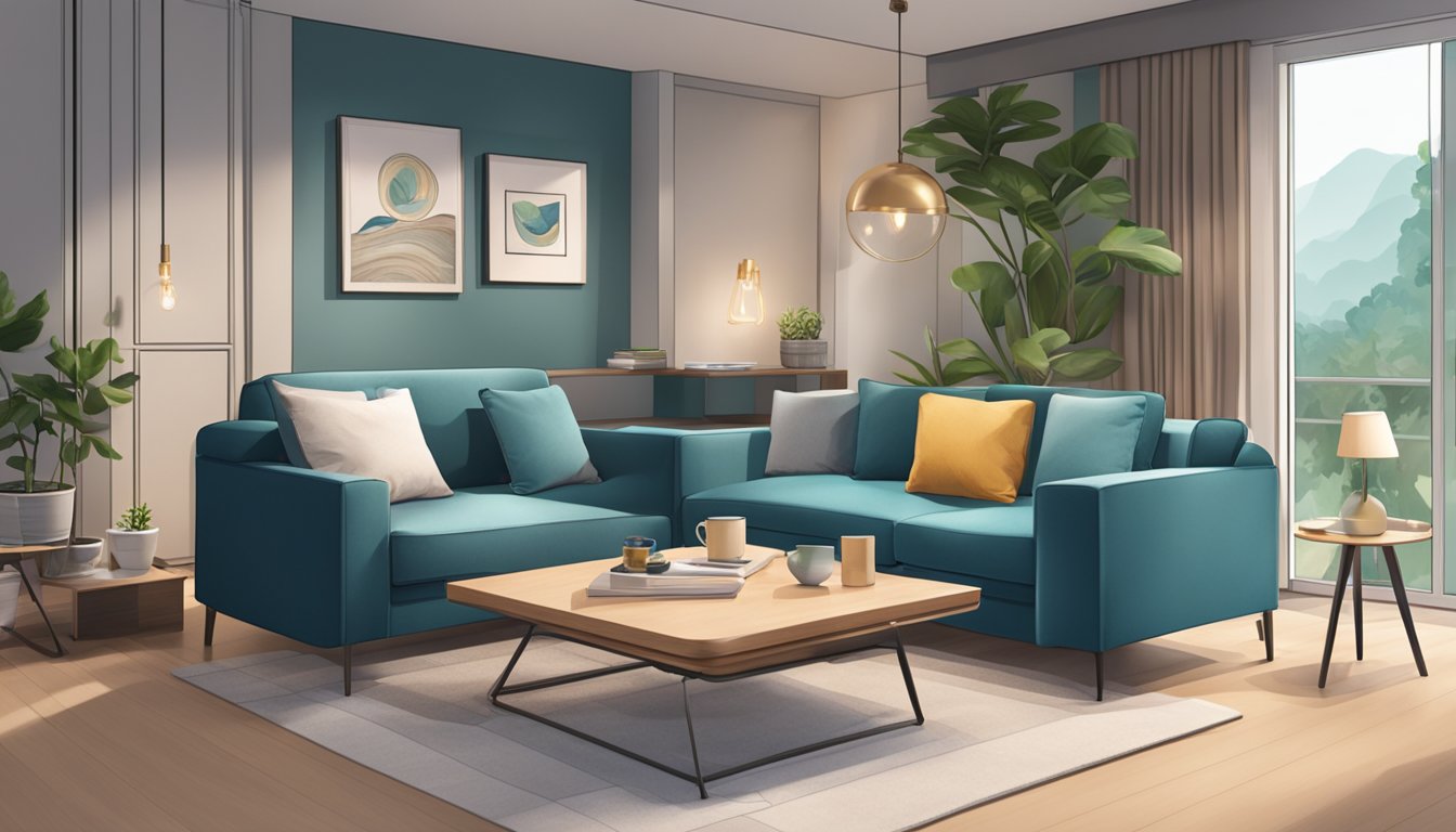 A cozy living room with a sleek, modern sofa bed in Singapore. A customer service representative is answering questions about the product