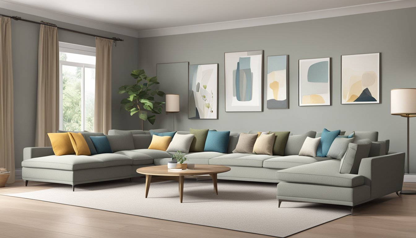 Two sofas arranged in an L-shape, with one larger than the other. The sofas are upholstered in a neutral color and placed in a spacious living room