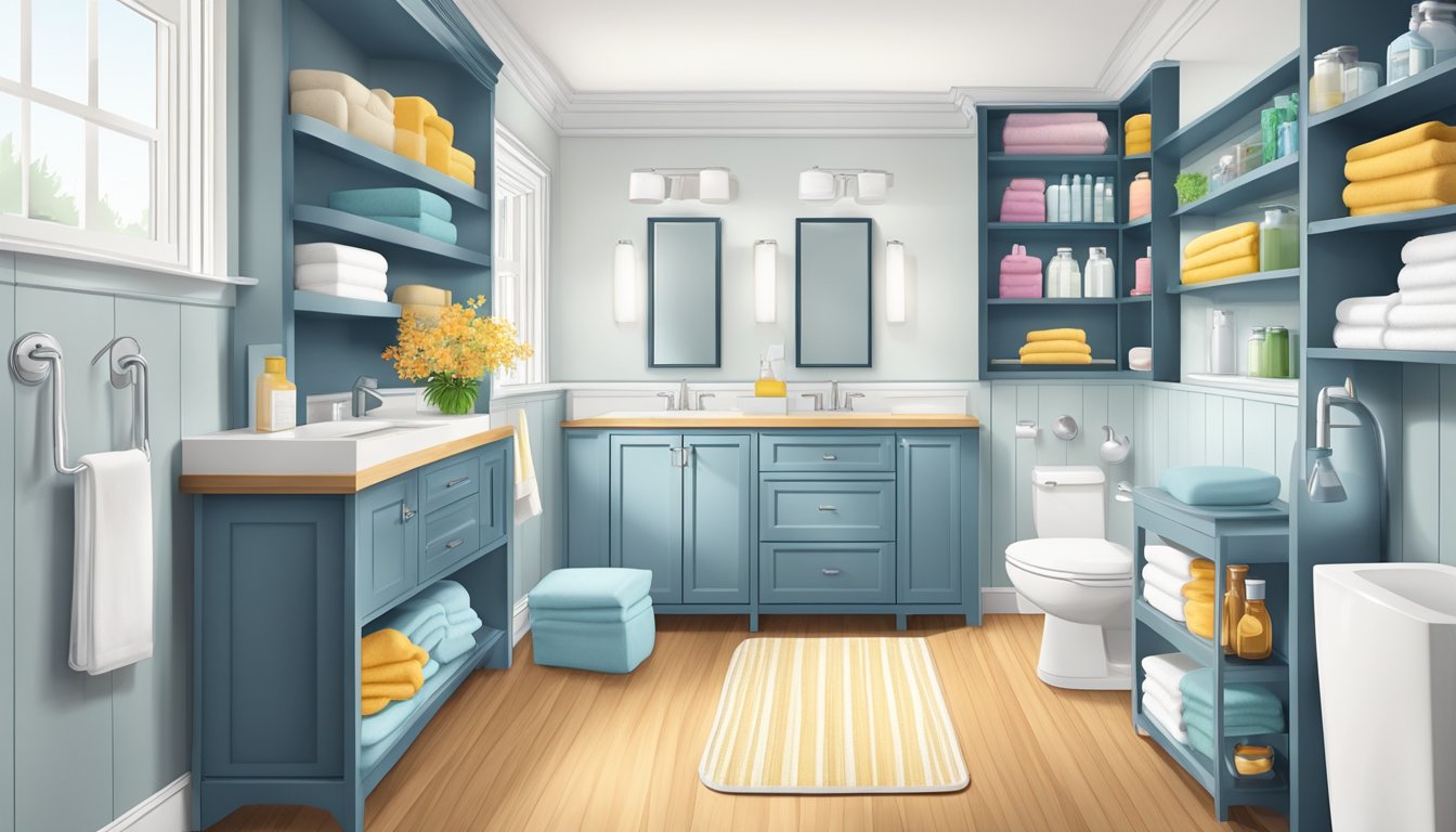 A bathroom with shelves, cabinets, and organizers to maximize storage space. Towels, toiletries, and cleaning supplies neatly stored