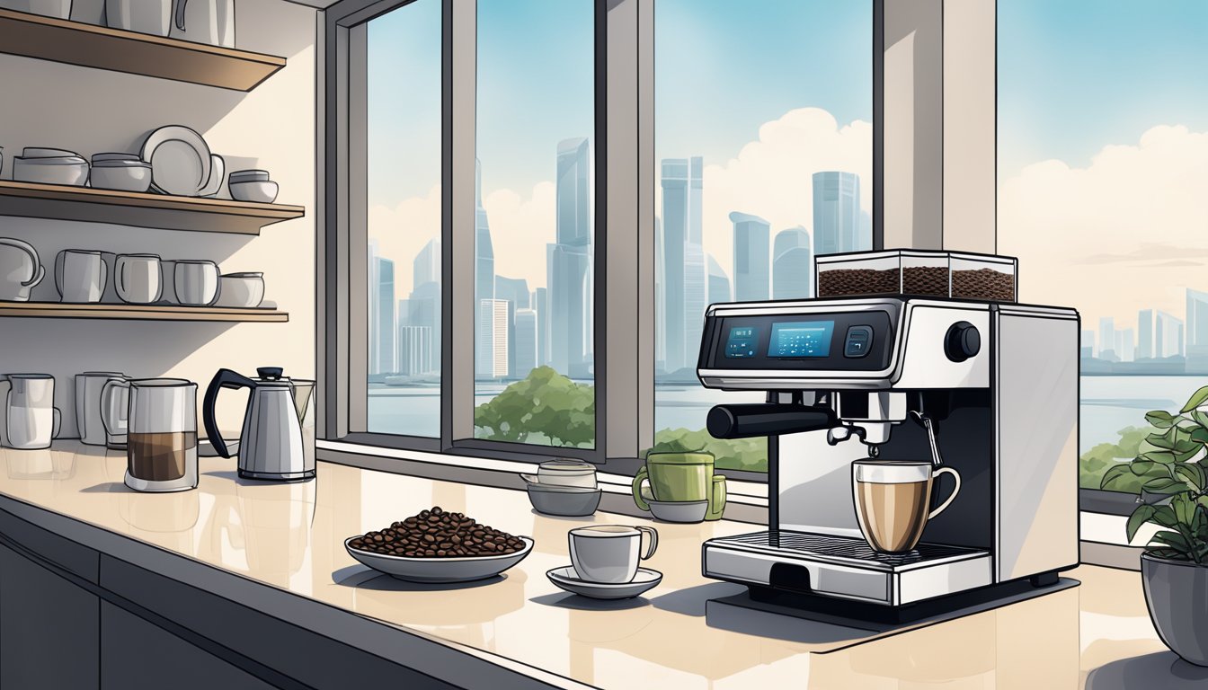 A modern kitchen with sleek countertops and a panoramic window, showcasing the skyline of Singapore. A state-of-the-art espresso machine sits on the counter, surrounded by freshly roasted coffee beans and artisanal mugs