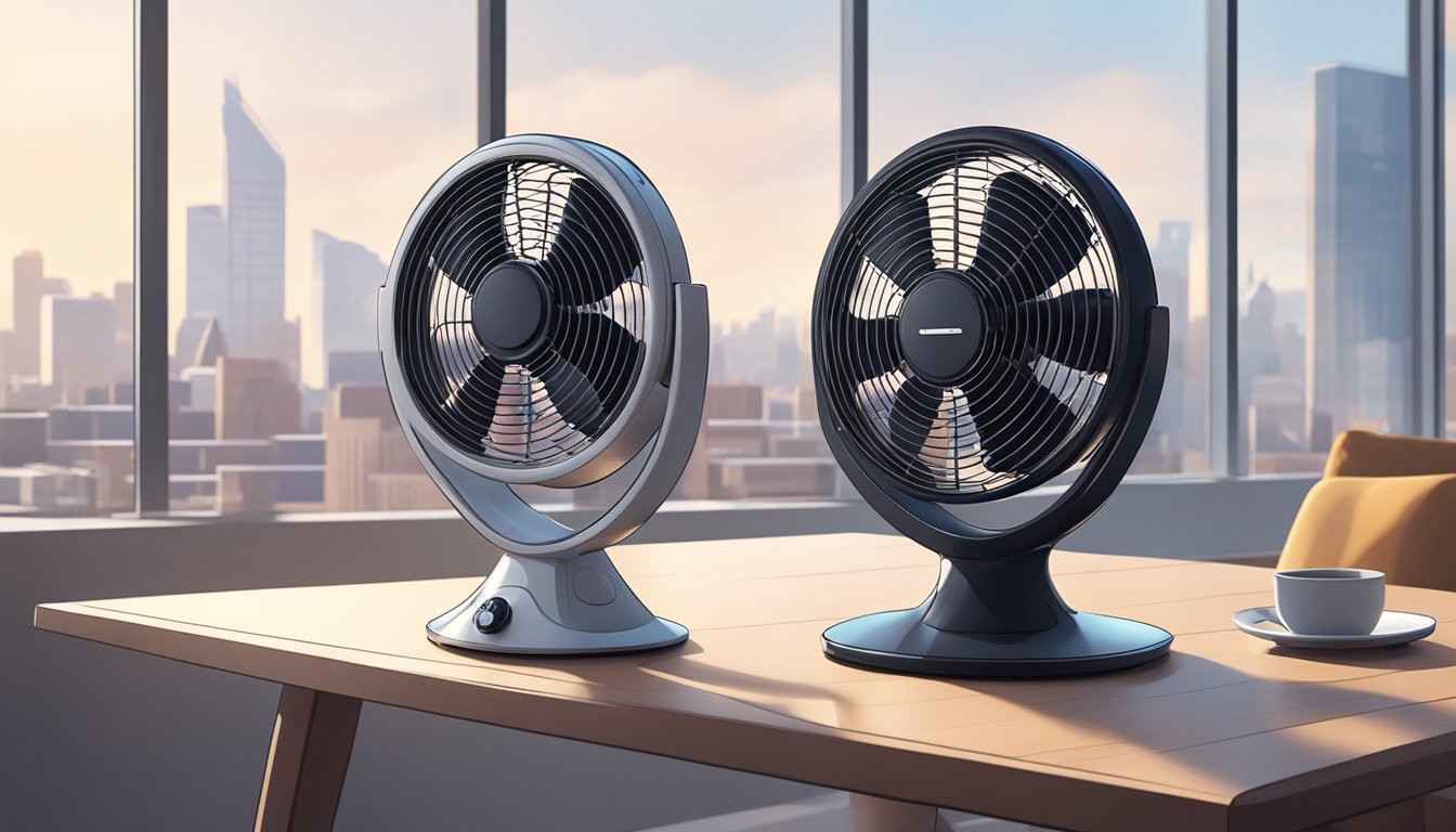 A sleek, modern bladeless fan sits on a clean, minimalist table in a well-lit room, with a cityscape visible through the window in the background