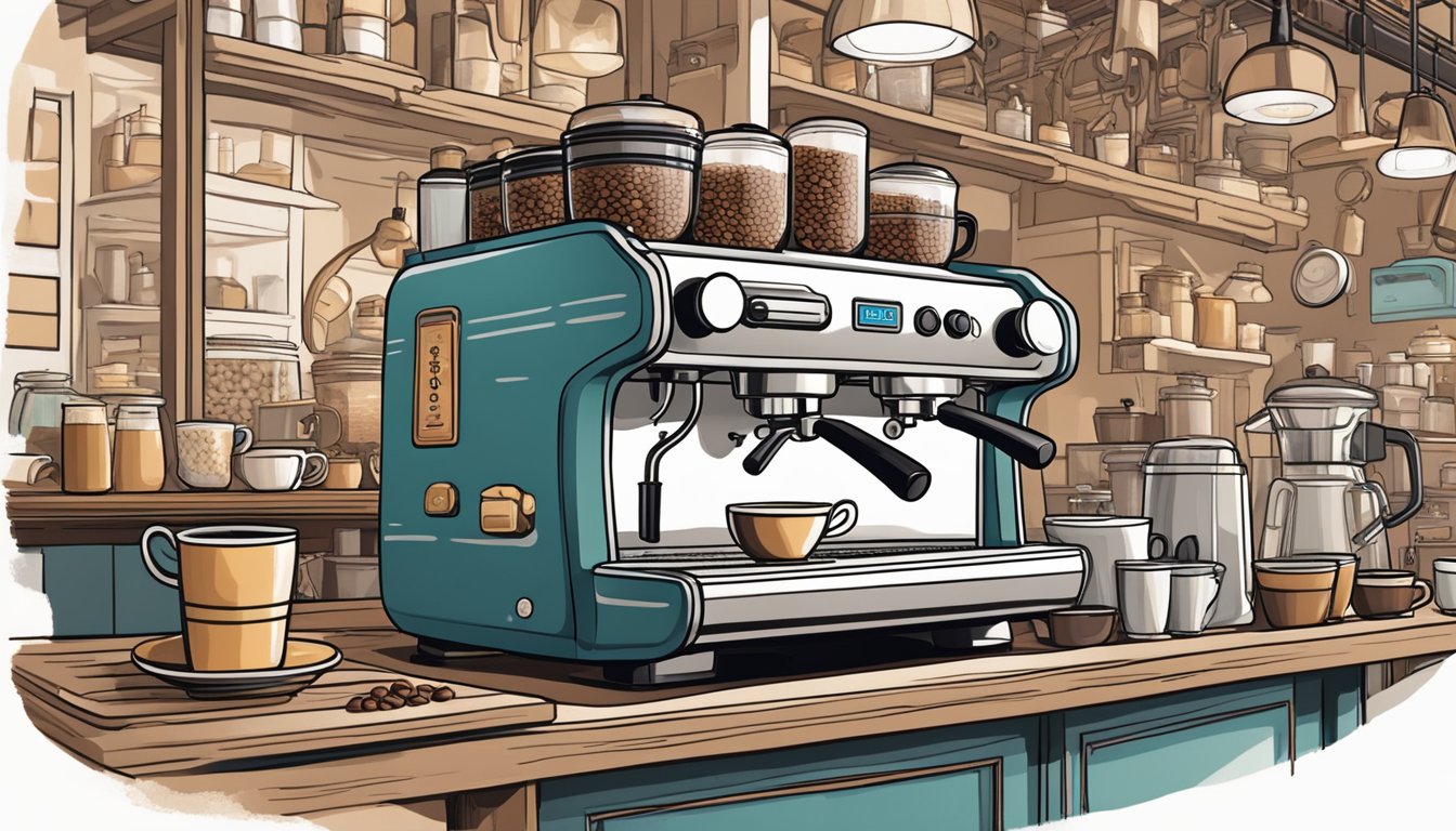 An espresso machine hisses and steams in a bustling Singapore cafe, surrounded by bags of freshly roasted coffee beans and intricate latte art